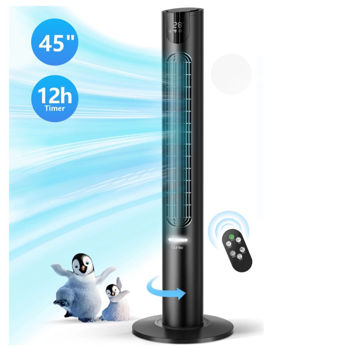 qunler 45 oscillating tower fan with remote 8 speeds 12h timer dc motor 25db quiet cooling floor fan for bedroom home office black