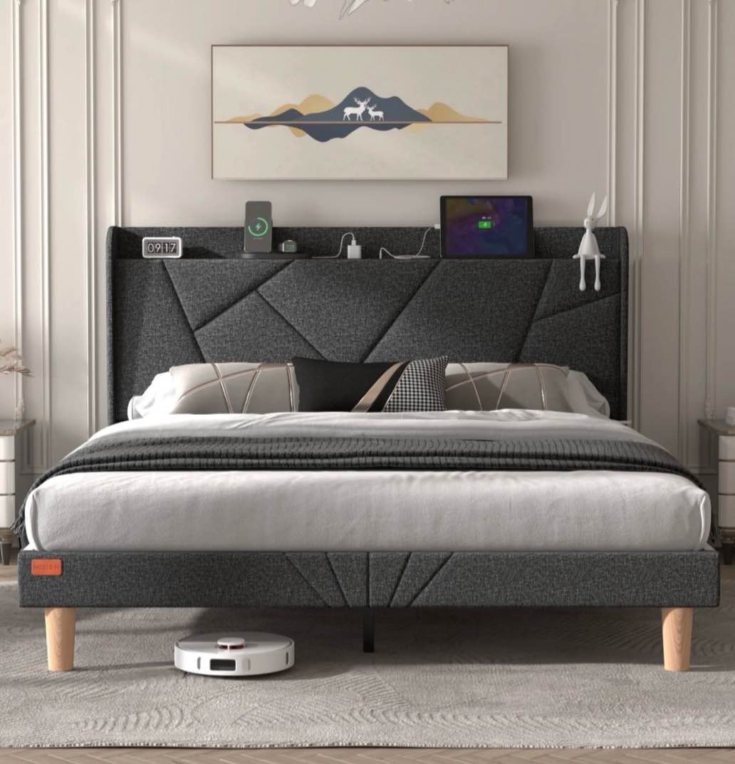nisien queen bed frame with charging station  upholstered platform bed with wingback storage headboard  dark gray