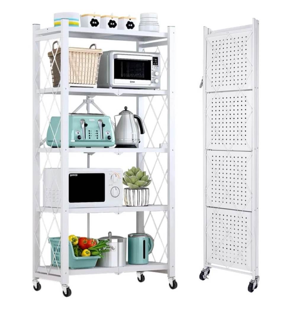 cookcok 5-tier storage shelving unit,heavy duty metal shelf 27.9"x13.4"x62.5,foldable storage shelf with wheels,garage shelf,metal storage rack,kitchen shelf with 4 hooks,no assemble require,white
