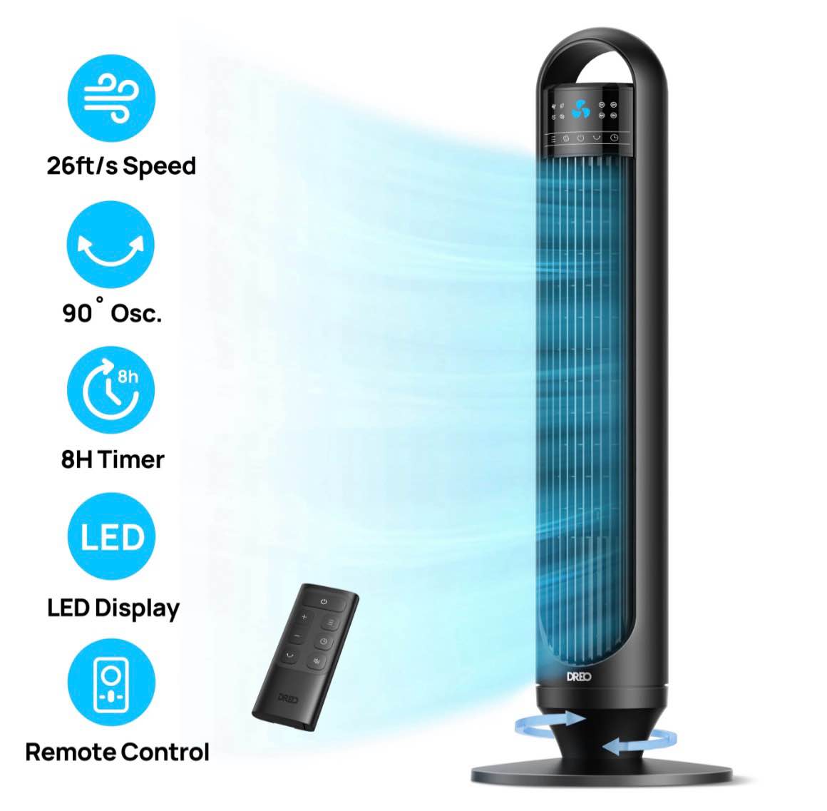 dreo tower fans for home 32 standing floor fan 26 ft/s bladeless fan 90° oscillating 3 modes 3 speeds led display 8h timer quiet