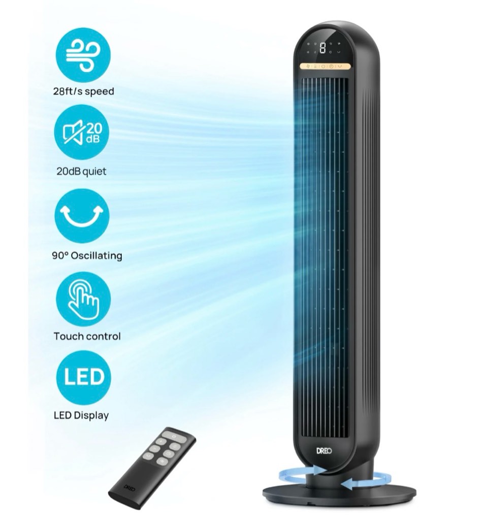dreo tower fans for home, 36" standing floor fan with remote, 90° oscillating fan, 24 ft/s high velocity, led display, 4 speeds, 4 modes, 8h timer, quiet bedroom fan