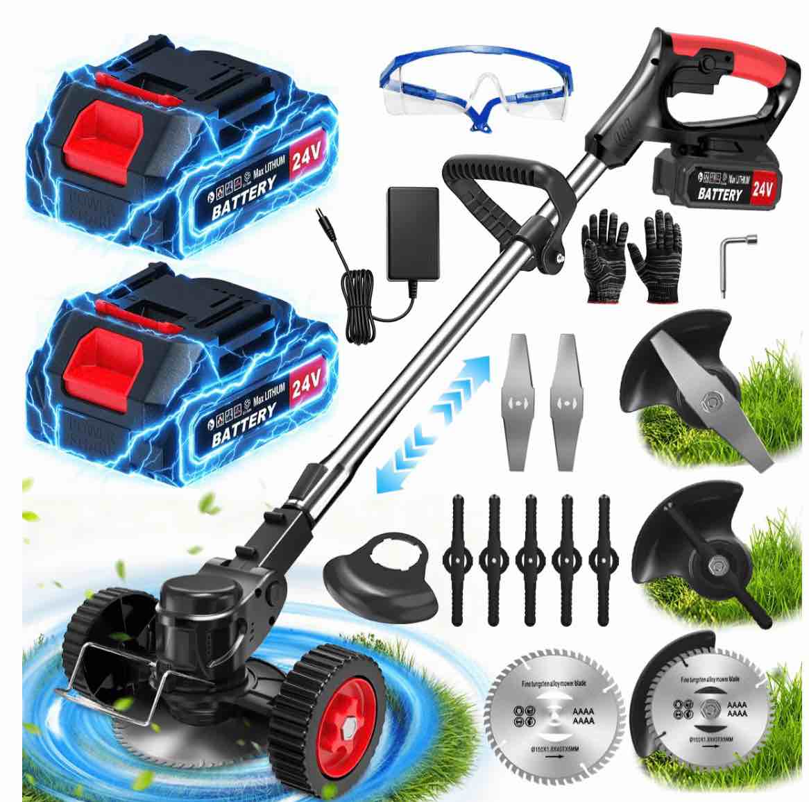 tntants electric weed wacker, cordless string trimmer with wheels, 2pcs 24v batteries, 3 types of blades, adjustable length, weed eater grass trimmer/edger/brush cutter for lawn yard garden (black)