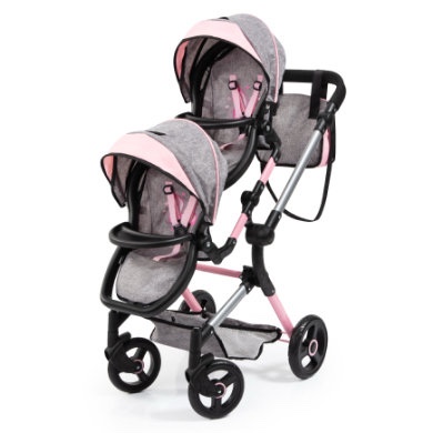 bayer: twin doll pram neo with adjustable height handle and flexible sun covers  grey pink with butterfly design  foldable and space-saving for up to 
