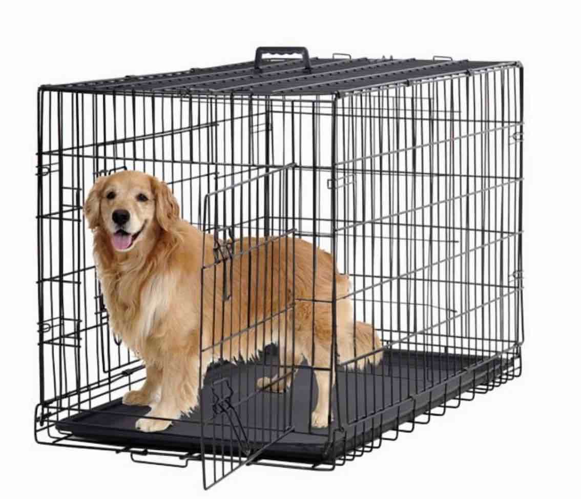 bestpet 48 inch foldable metal dog crate for large dogs double door divider removable tray(black)