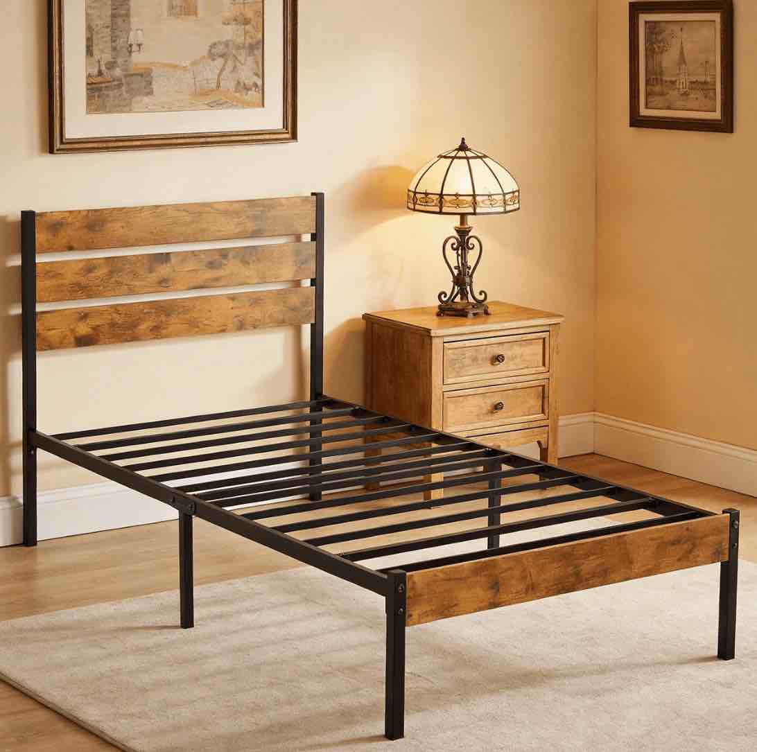 edx twin size metal bed frame with wooden headboard, under bed storage, 700lbs support, noise-free, no box spring needed, easy assembly, brown