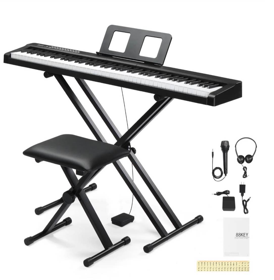ktaxon digital piano 88-key semi-weighted action, electronic keyboard set with x stand, bench, 3-pedal unit for beginners, black