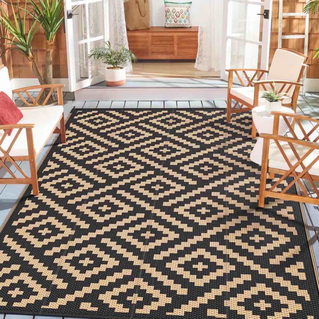 deorab outdoor rugs waterproof plastic straw mat 10 x14 reversible for rv patio deck beach black & brown