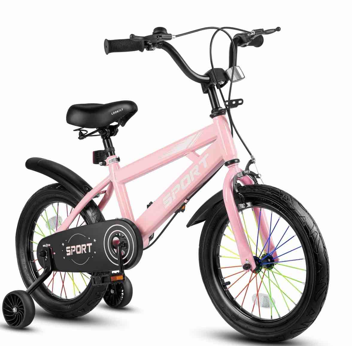 lookfly 14" kids bike for boys and girls with removable training wheels,children's cicycle,pink