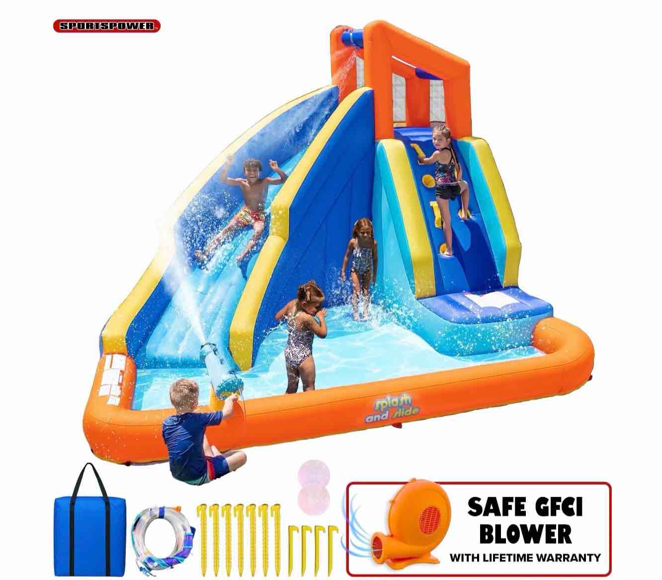sportspower big wave ii inflatable water slide with climbing wall & splash pool kids backyard water park with blower outdoor ages 3–8