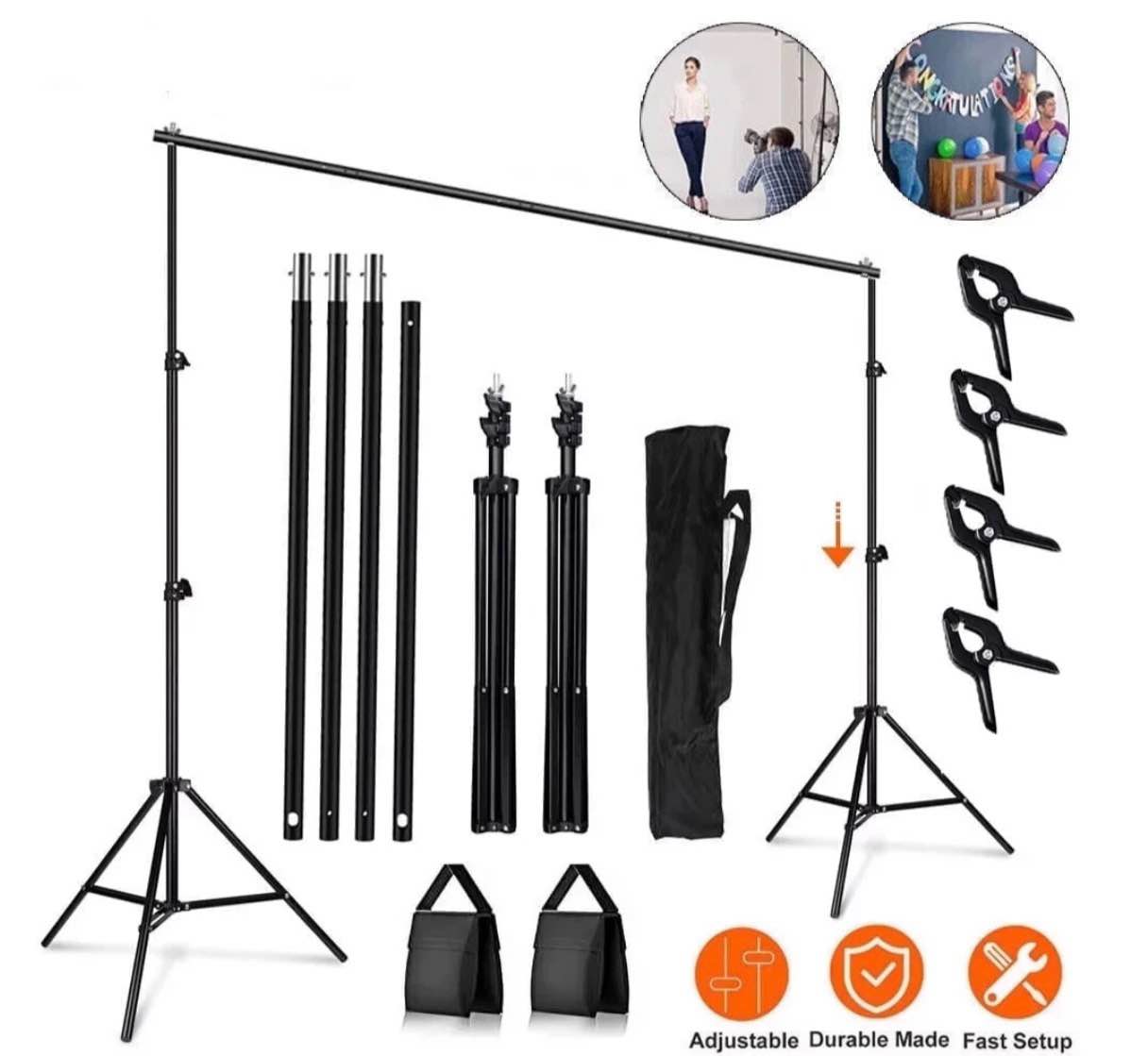 backdrop stand 10x7ft(wxh) photo studio adjustable background stand support kit with 4 backdrop clamps, 2 sandbags for parties events decoration