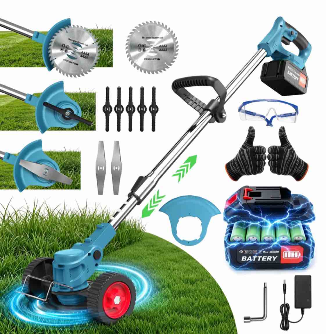tntants weed wacker cordless, 3-in-1 lightweight electric string trimmer with 3 types of blades, wheels, 24v battery, weed eater grass trimmer/edger/brush cutter for lawn yard garden (blue)