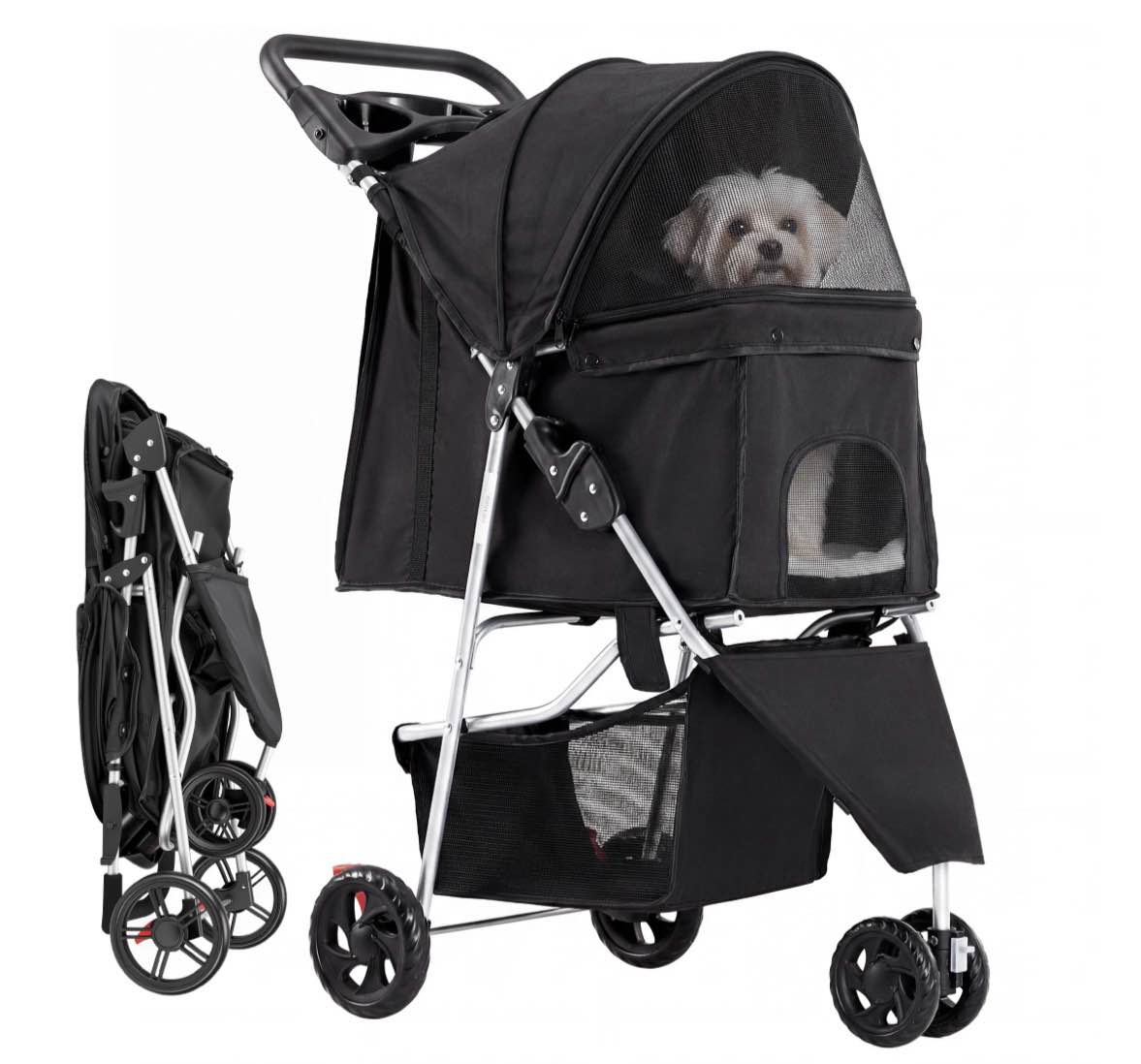 edx dog stroller pet travel folding carrier with storage basket for cat/dog 3 wheels black