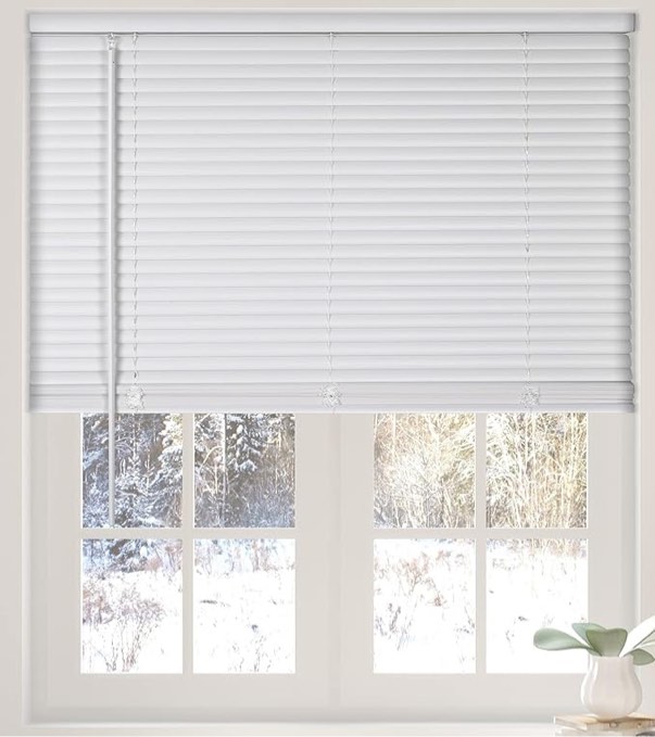 calyx interiors cordless white 1” light filtering mini blinds 34.5 w x 60 h window blinds for home vinyl horizontal blinds for indoor windows