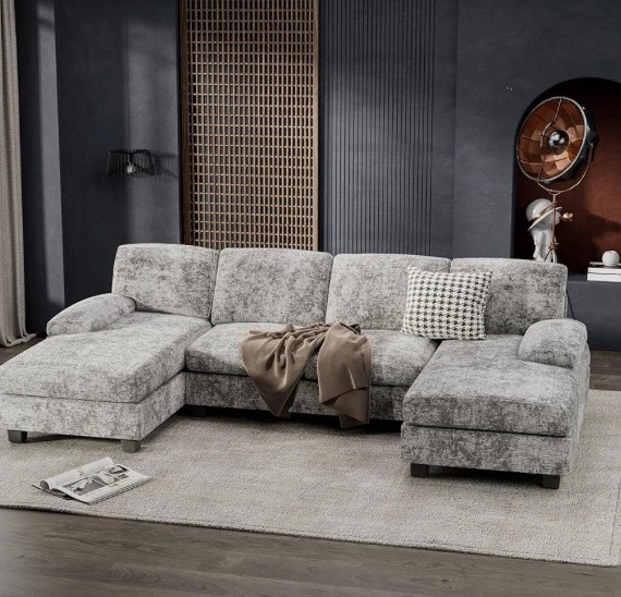 Condition photo showing As Is for furniwell convertible sectional sofa couch, 4 seat sofa set for living room u-shaped modern fabric modular sofa sleeper with double chaise & memory foam (fabric, grey)