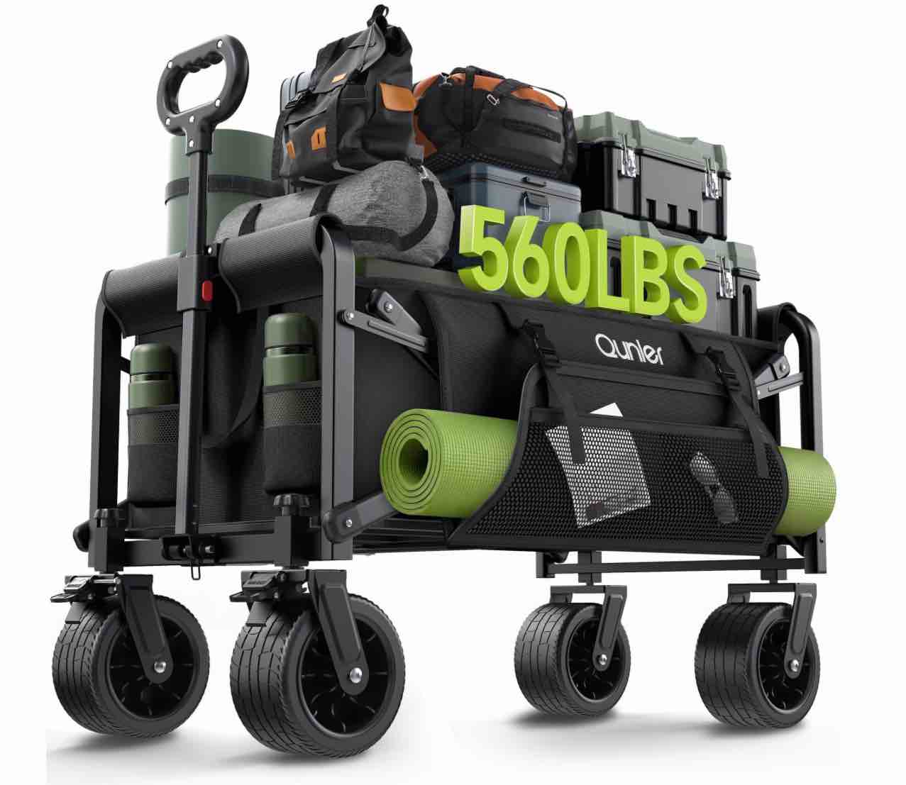 qunler 560lbs large collapsible folding wagon with oversized tank wheels, heavy duty big bucket utility garden cart with side pocket for sports, shopping, camping, kids, black