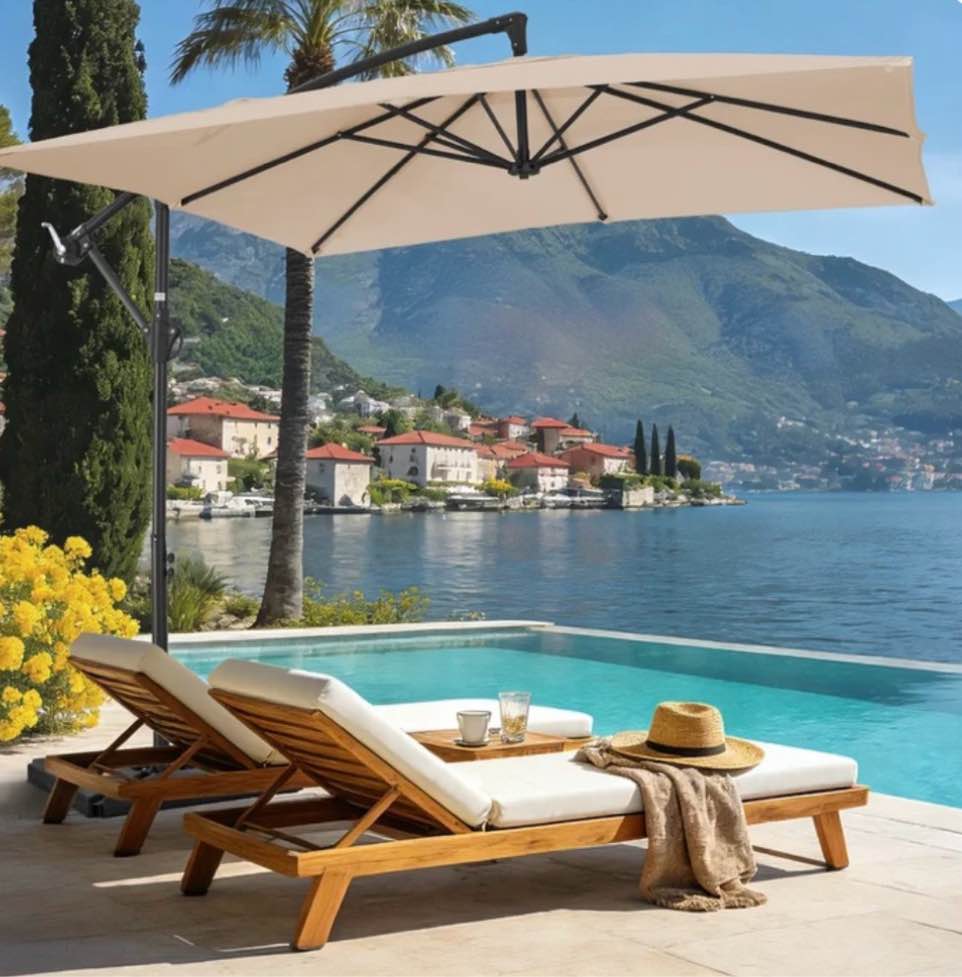 fundaze 8x8ft hanging cantilever patio umbrella with base, square outdoor sun shade with crank for garden, backyard, deck,beige