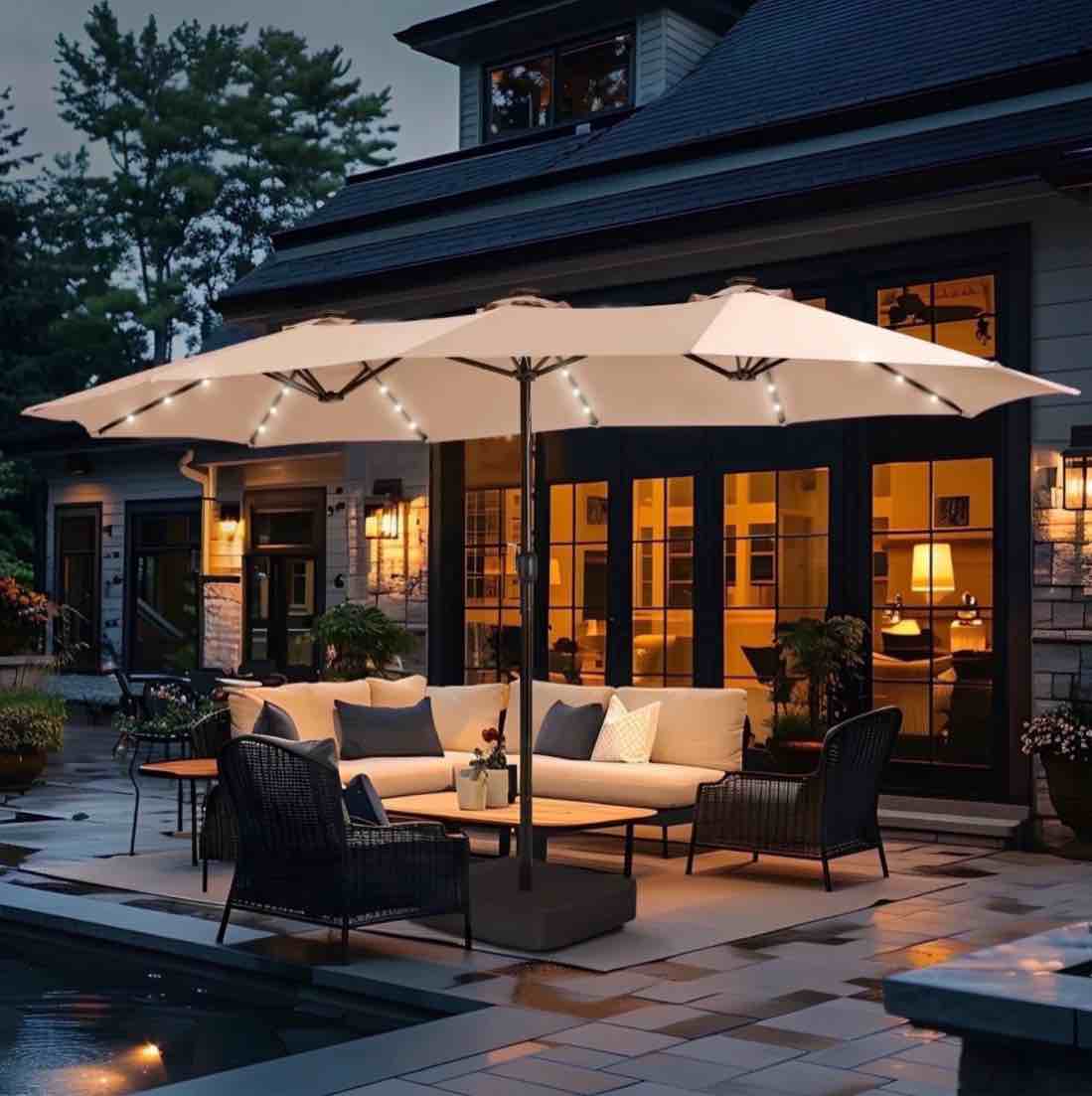 summit living 15ft double-sided solar patio umbrella with base (included) large outdoor umbrella with solar lights - beige