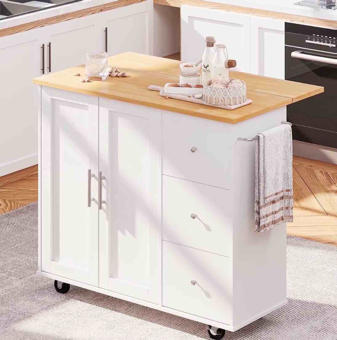 walsunny kitchen island on wheels with storage cabinet & 3 drawer, 39.7" width rolling kitchen table, cart handle for towel rack or free mobility whit
