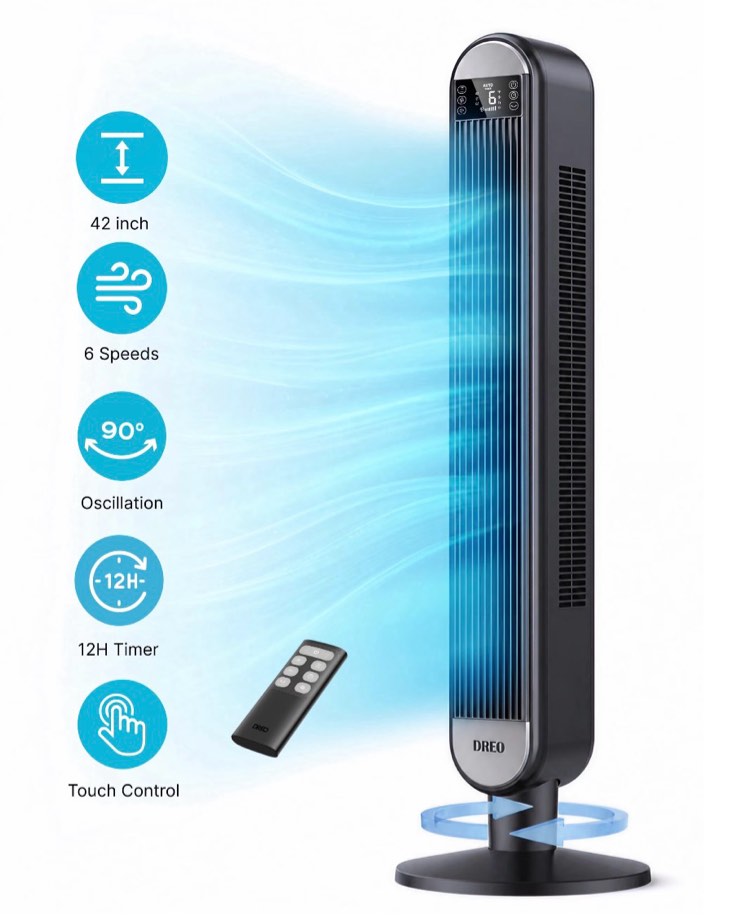 dreo tower fan for home, 42" standing fan with remote, 90° oscillating fan for indoors, 34db quiet bedroom fans, 6 speeds, 4 modes, 12h timer, bladeless fan with led display, 26 ft/s high velocity