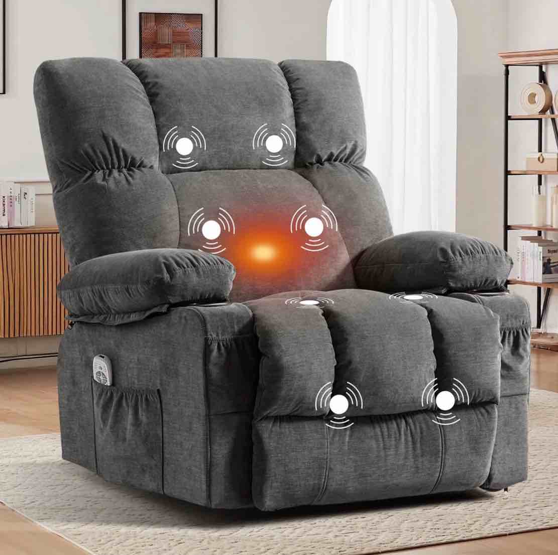 jonpony manual recliner chair with heat therapy and massage function, heavy duty reclining mechanism massage chair, elderly single rocker sofa with cup holders for bedroom home theater,grey