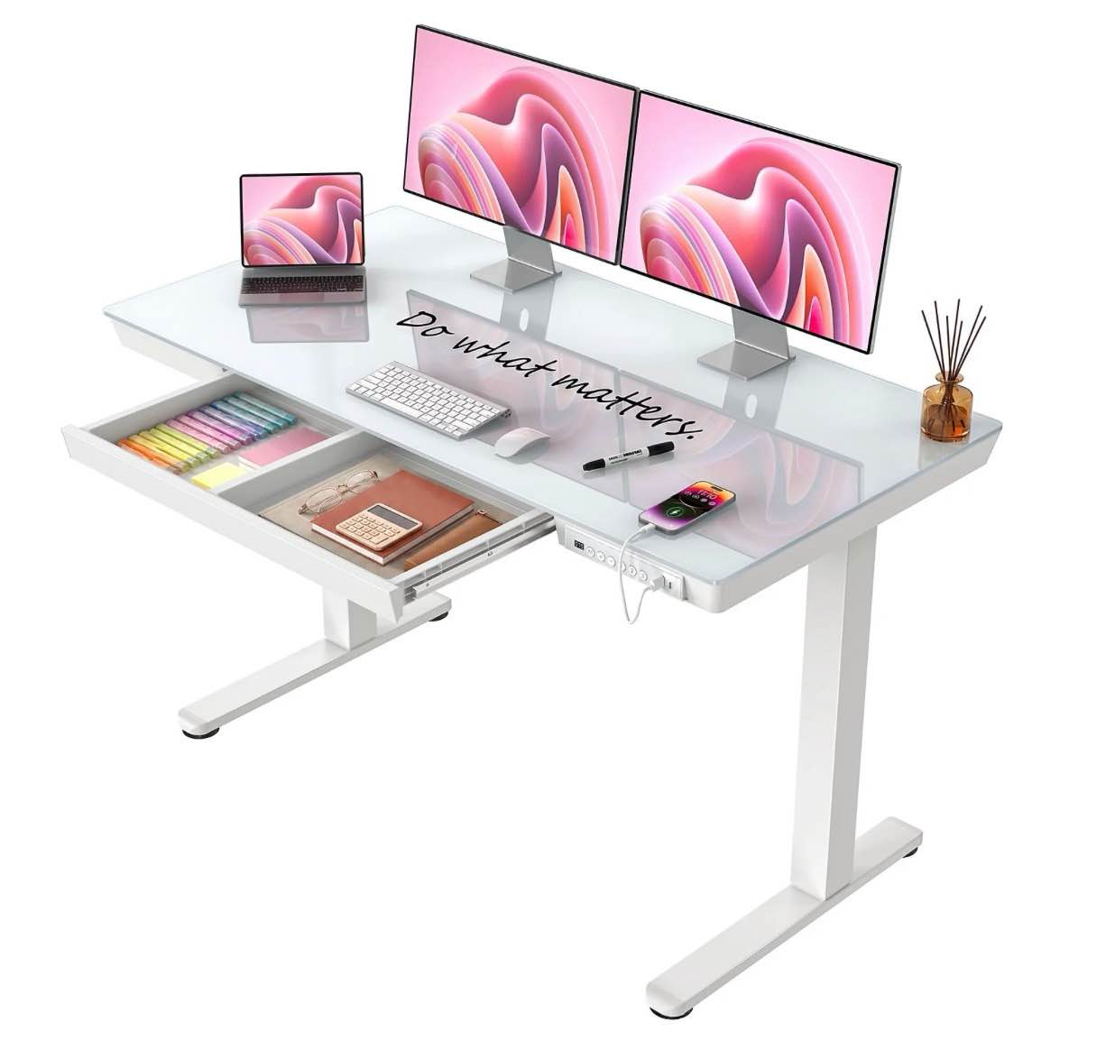 chitooma glass top electric standing desk with drawer 55 x 28 electric height adjustable desk with usb charging ports sit stand up for home offi