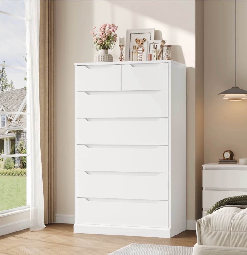 homfa 7 drawer white dresser 51.3 h wood storage cabinet with upgraded stable base vertical chest for bedroom living room