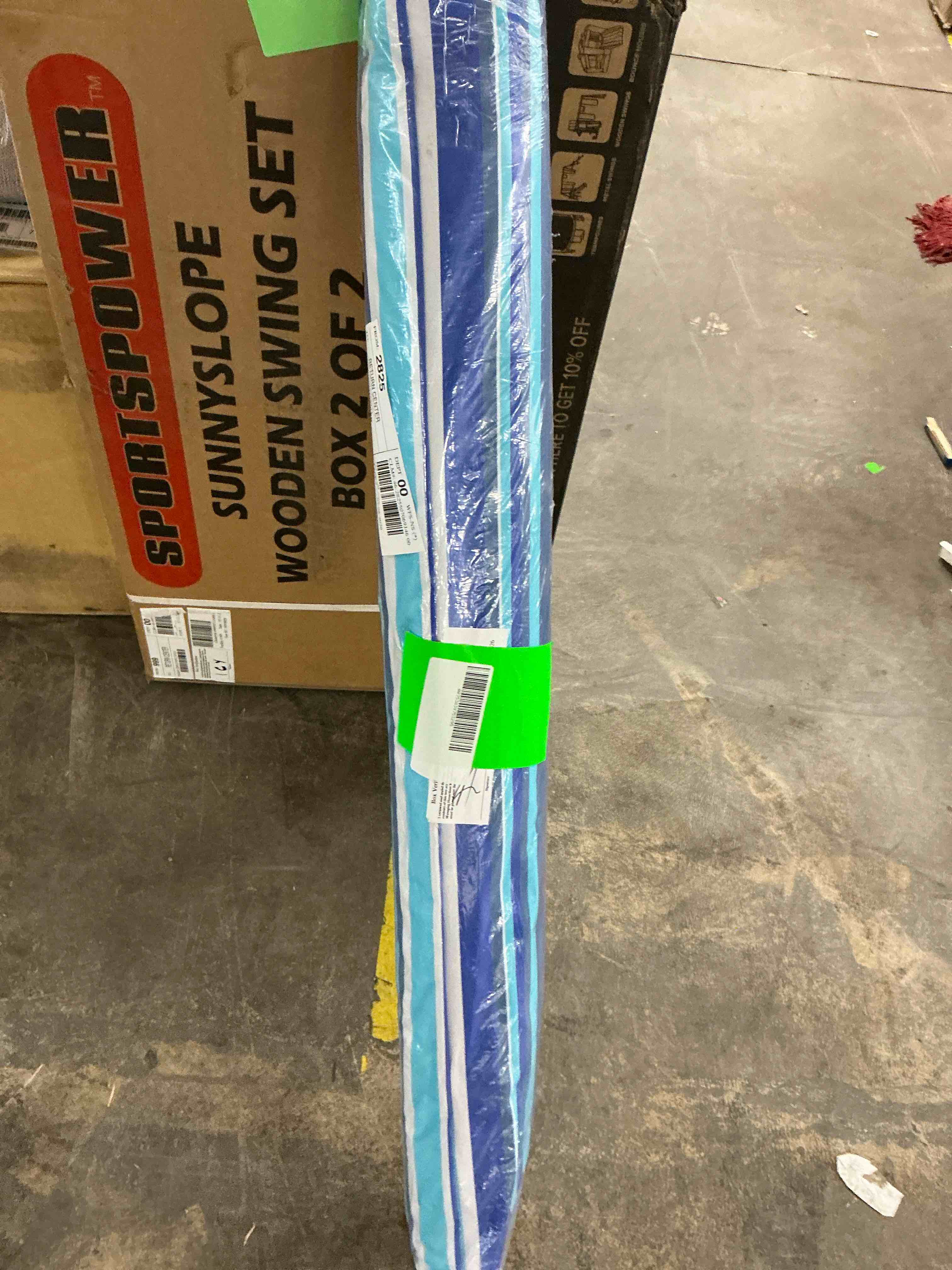 Condition photo showing New/Like New for ft beach umbrellas for sand, sun beach umbrella with carry bag, uv 50+, upf 100+, enlarged sand anchor, stripe blue and white