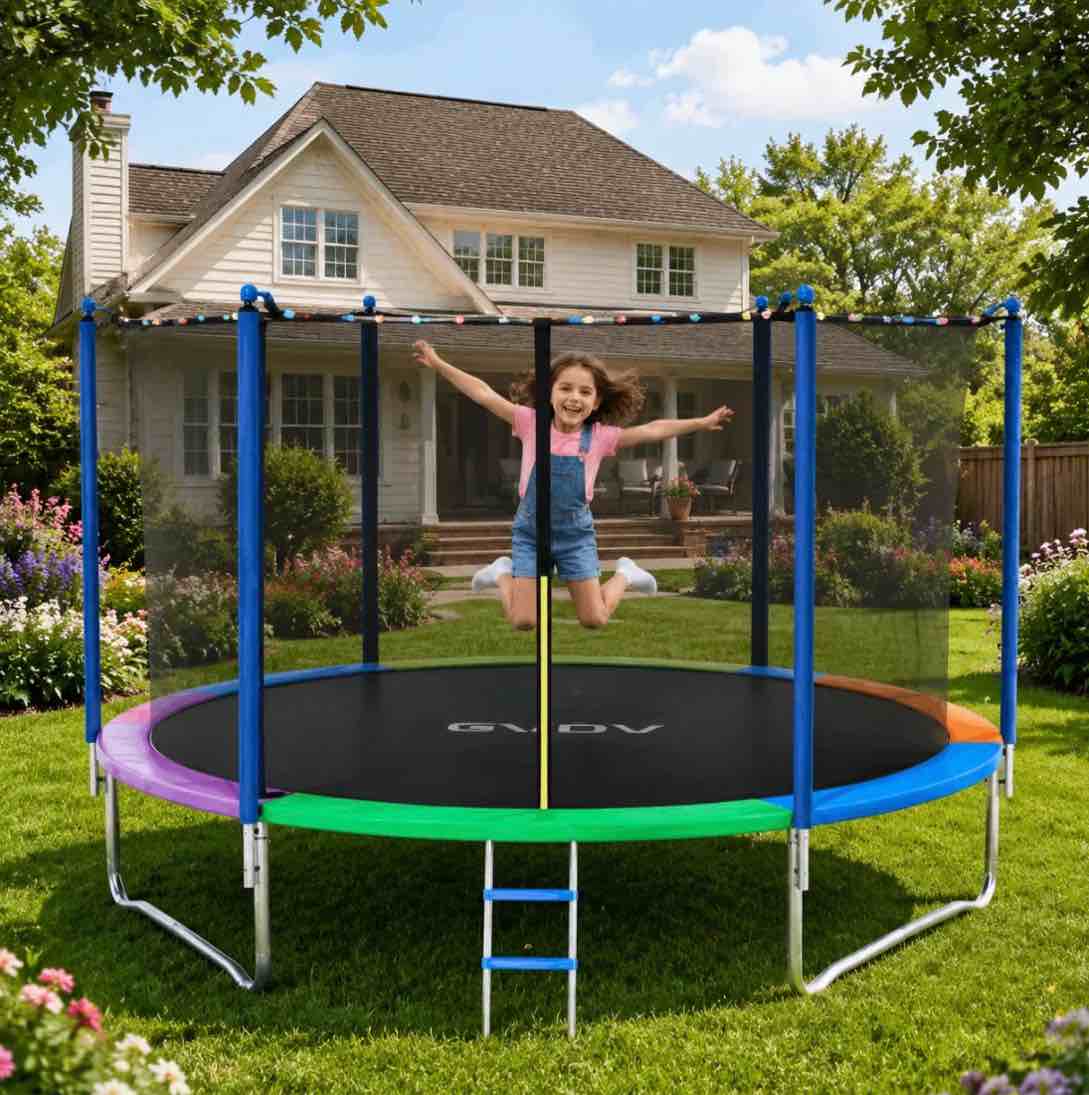 gvdv outdoor trampoline, 10ft backyard recreational trampoline for kids & adults