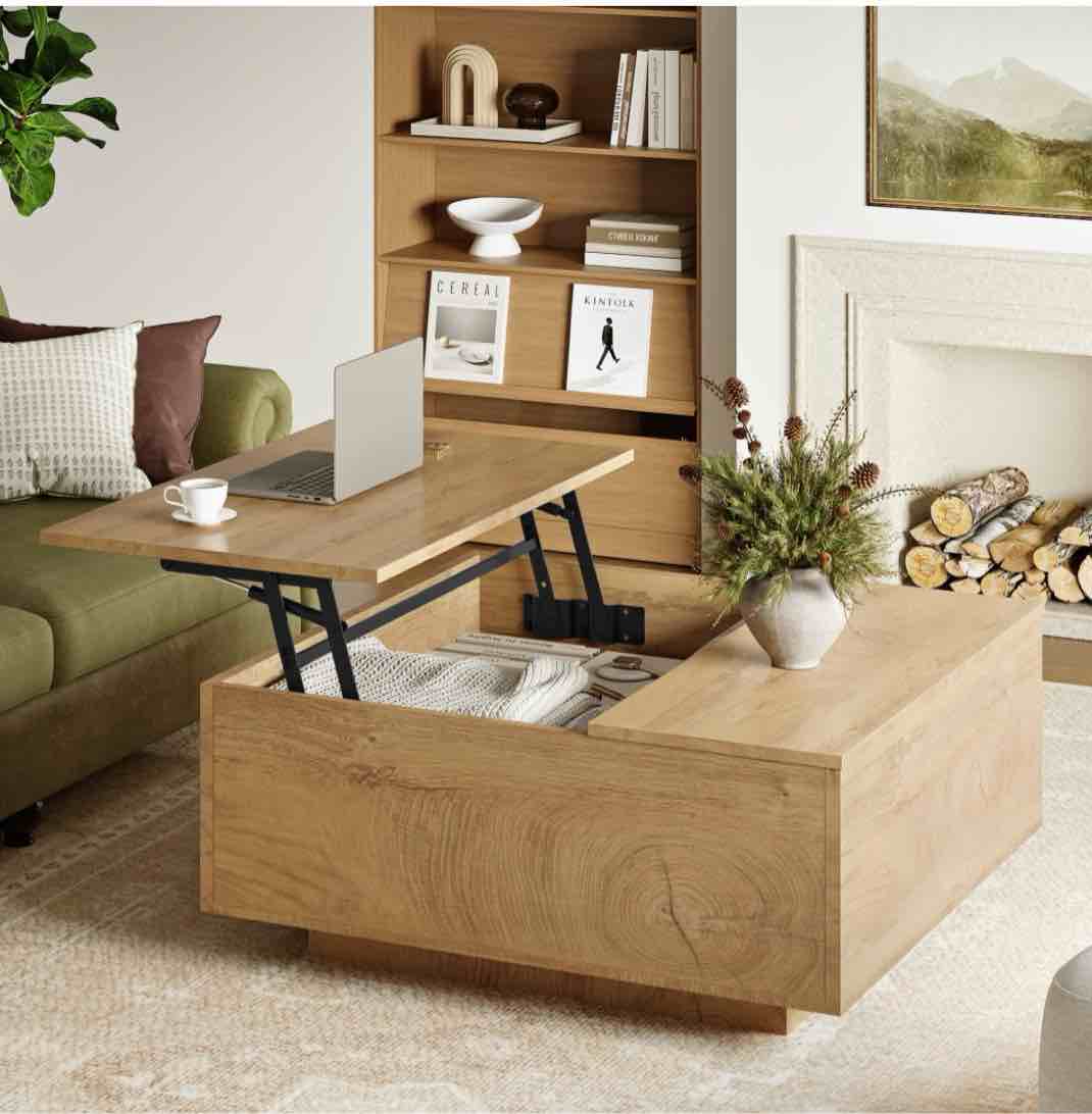 gunaito lift top coffee table with storage, square coffee table and modern farmhouse center table for living room, natural wood color
