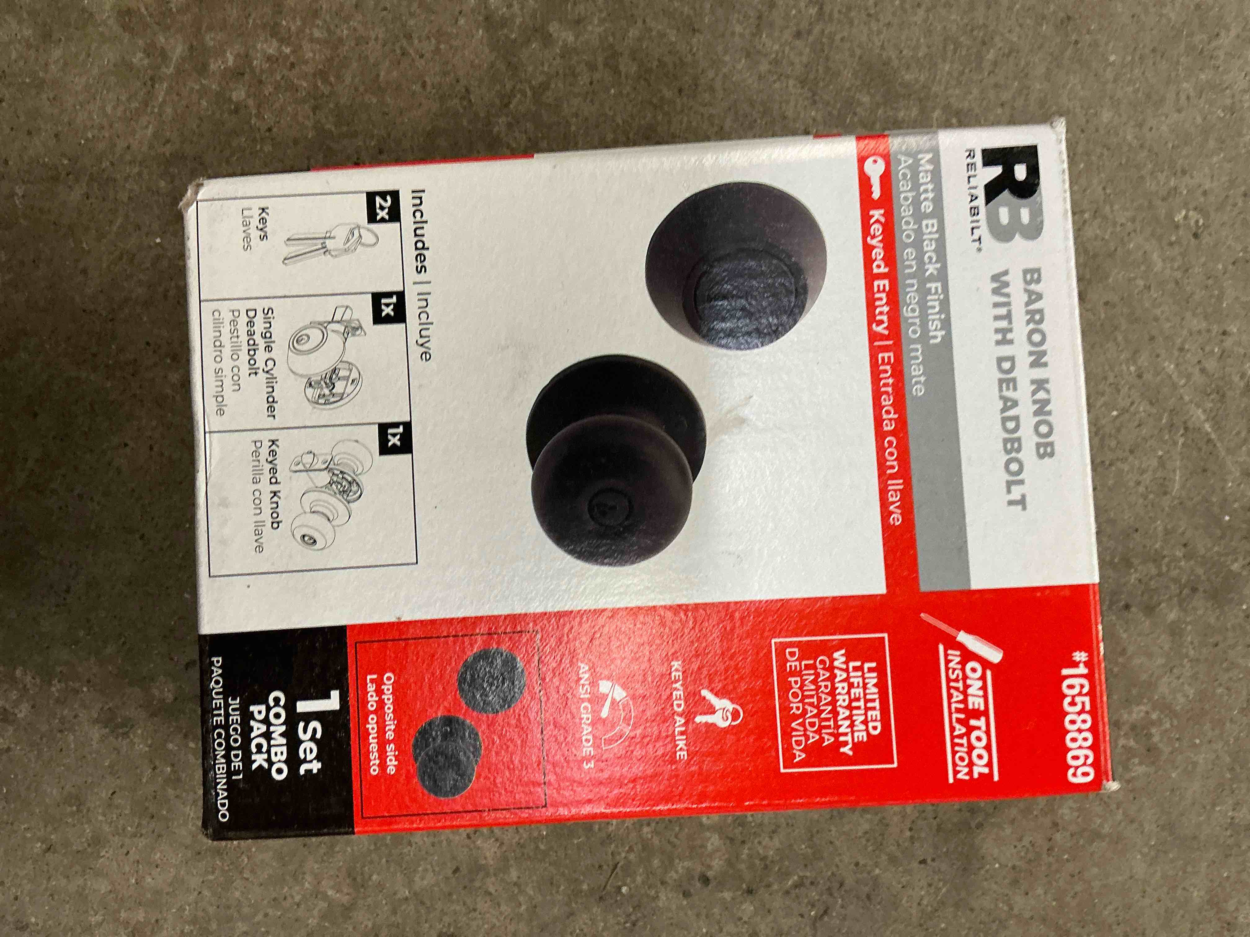 Condition photo showing Good Condition for reliabilt baron matte black exterior single-cylinder deadbolt and keyed entry door knob