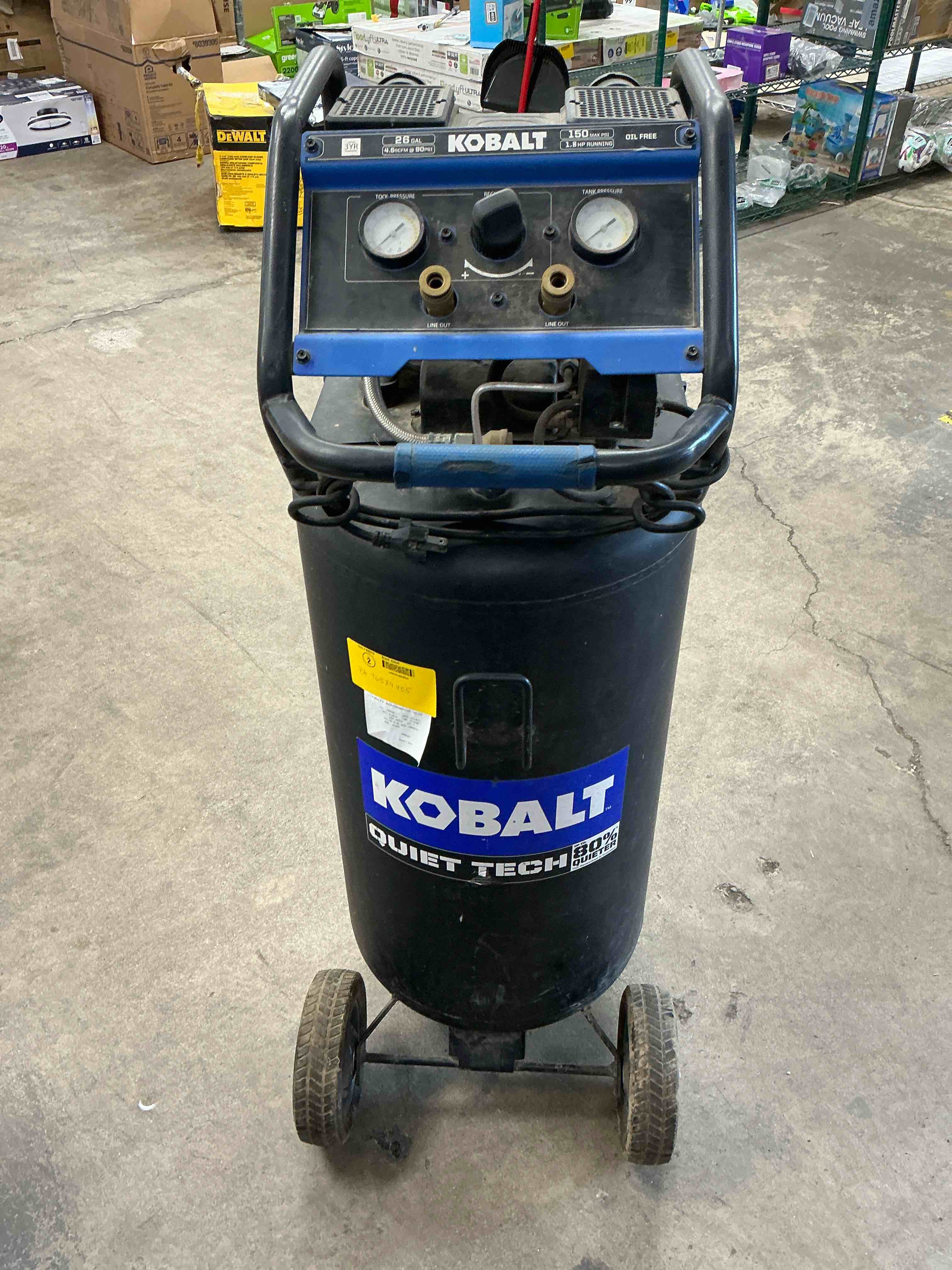Condition photo showing As Is for kobalt quiet tech 26-gallon portable electric 150 psi vertical air compressor