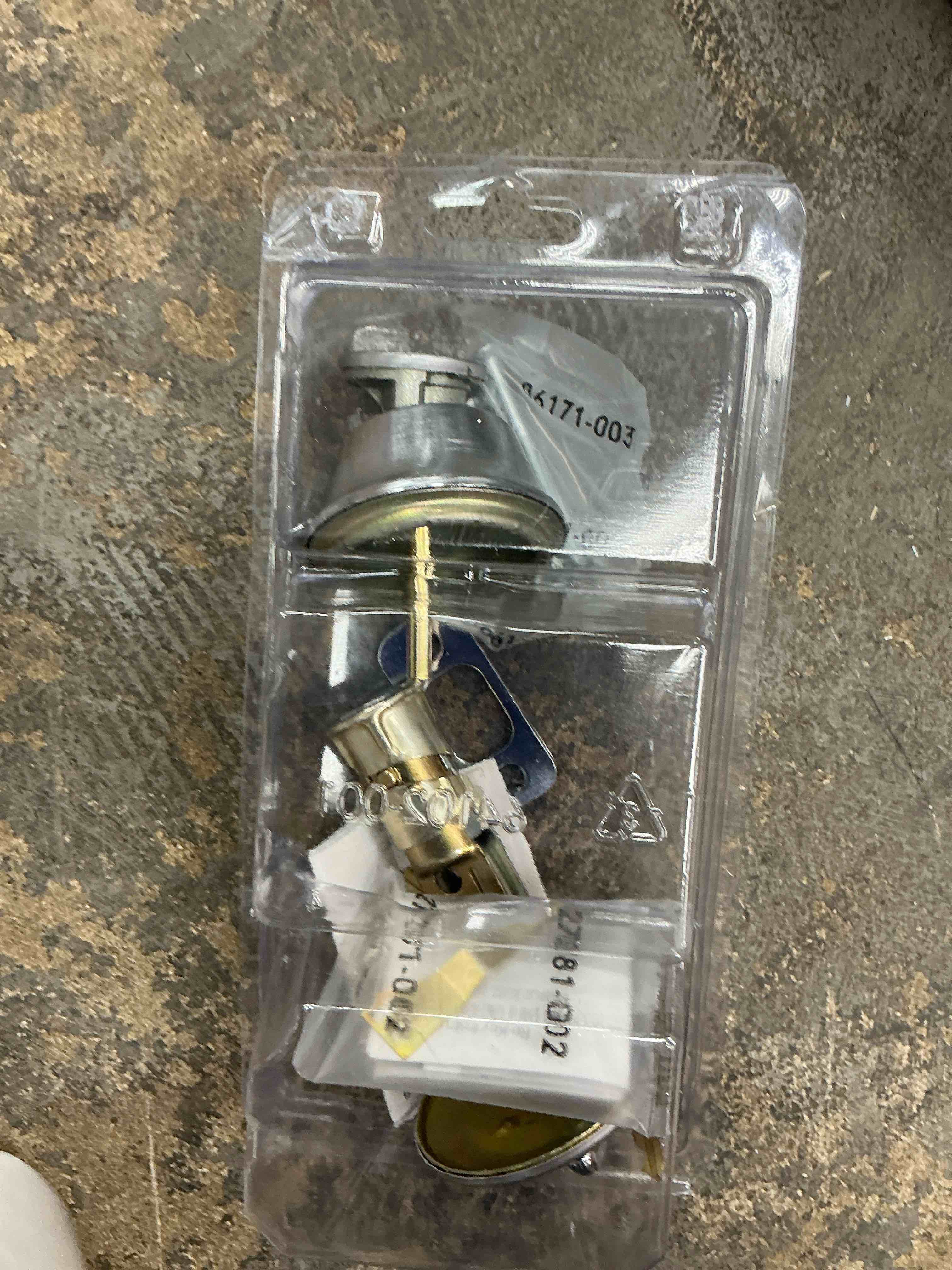Condition photo showing As Is for kwikset tuscany keyed entry door lever & deadbolt combo satin nickel