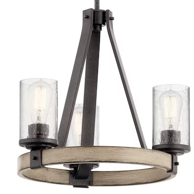 Condition photo showing New/Like New for kichler barrington 3 -light distressed gray seeded glass metal chandelier