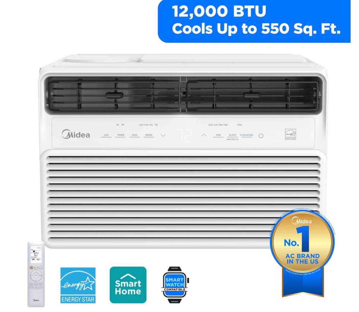midea 12 000 btu window air conditioner smart inverter cools up to 550 sq ft wi-fi and alexa white