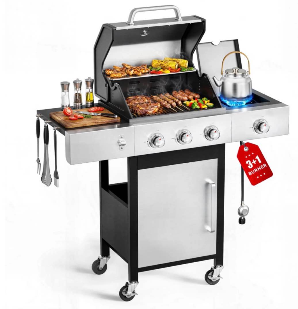 Condition photo showing New/Like New for furnibear 3 burner gas grill with side burner 40800 btu barbecue grill propane stainless steel bbq grill with porcelain-enameled cast iron grates for