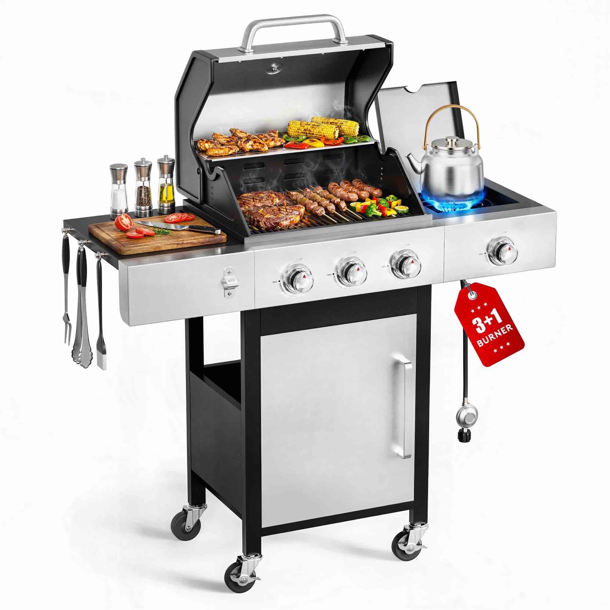 furnibear 3 burner gas grill with side burner 40800 btu barbecue grill propane stainless steel bbq grill with porcelain-enameled cast iron grates for
