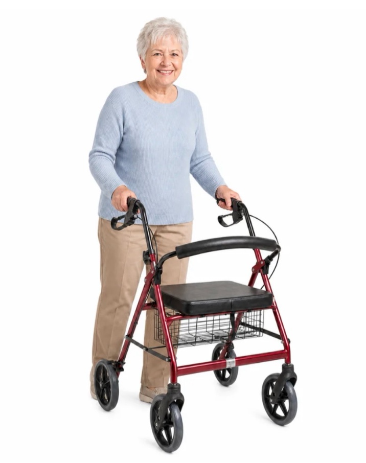 Condition photo showing New/Like New for dmi extra-wide heavy duty steel bariatric mobility rollator walker with seat and basket, burgundy, folding