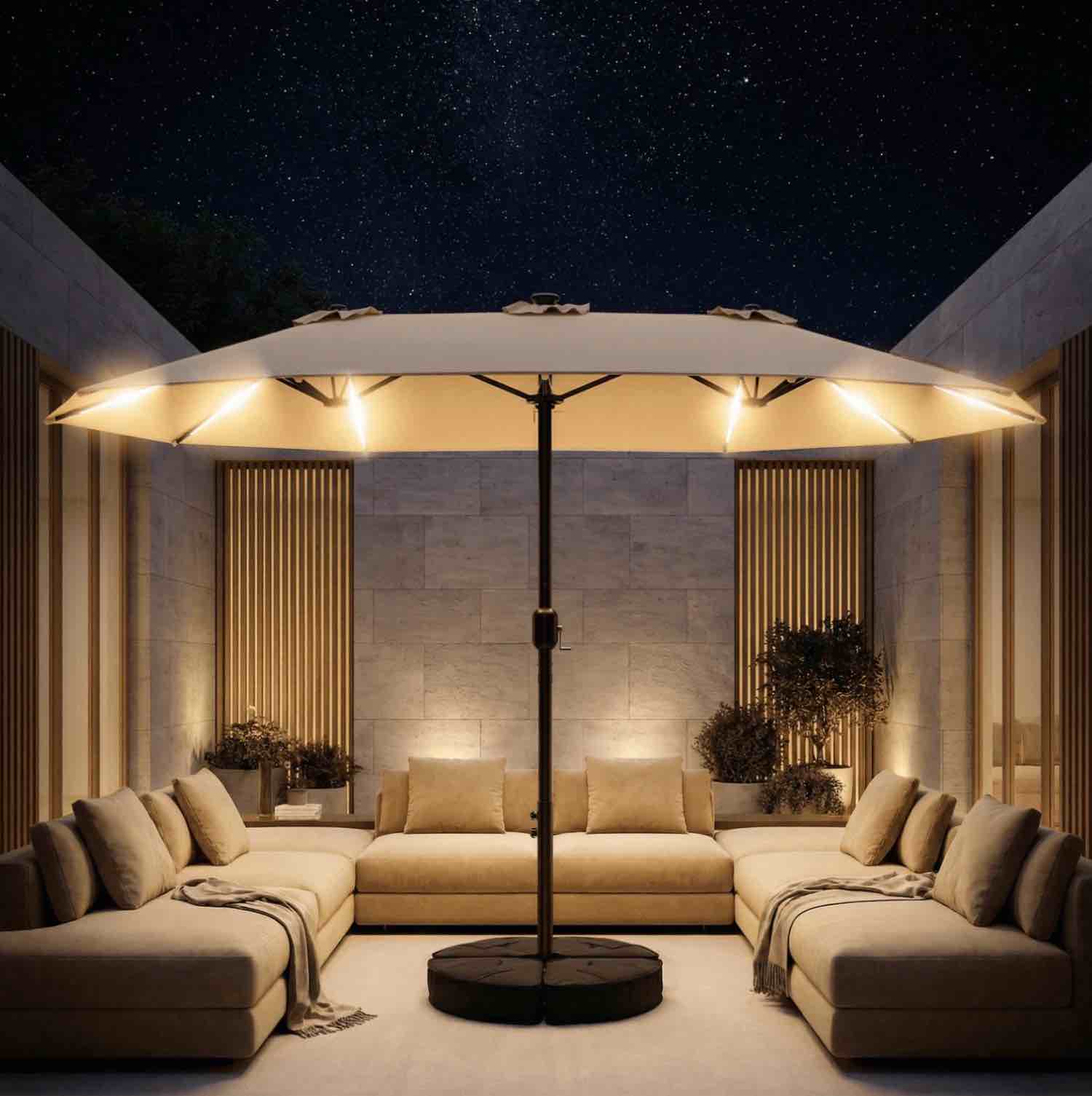 taskbay 15ft patio umbrella with solar led lights, double-sided rectangle outdoor umbrella with base included, large backyard & garden umbrella, beige