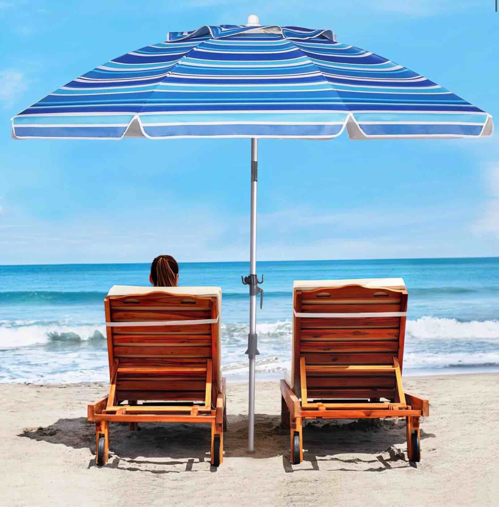 7 ft beach umbrellas for sand, sun beach umbrella with carry bag, uv 50+, upf 100+, enlarged sand anchor, stripe blue and white