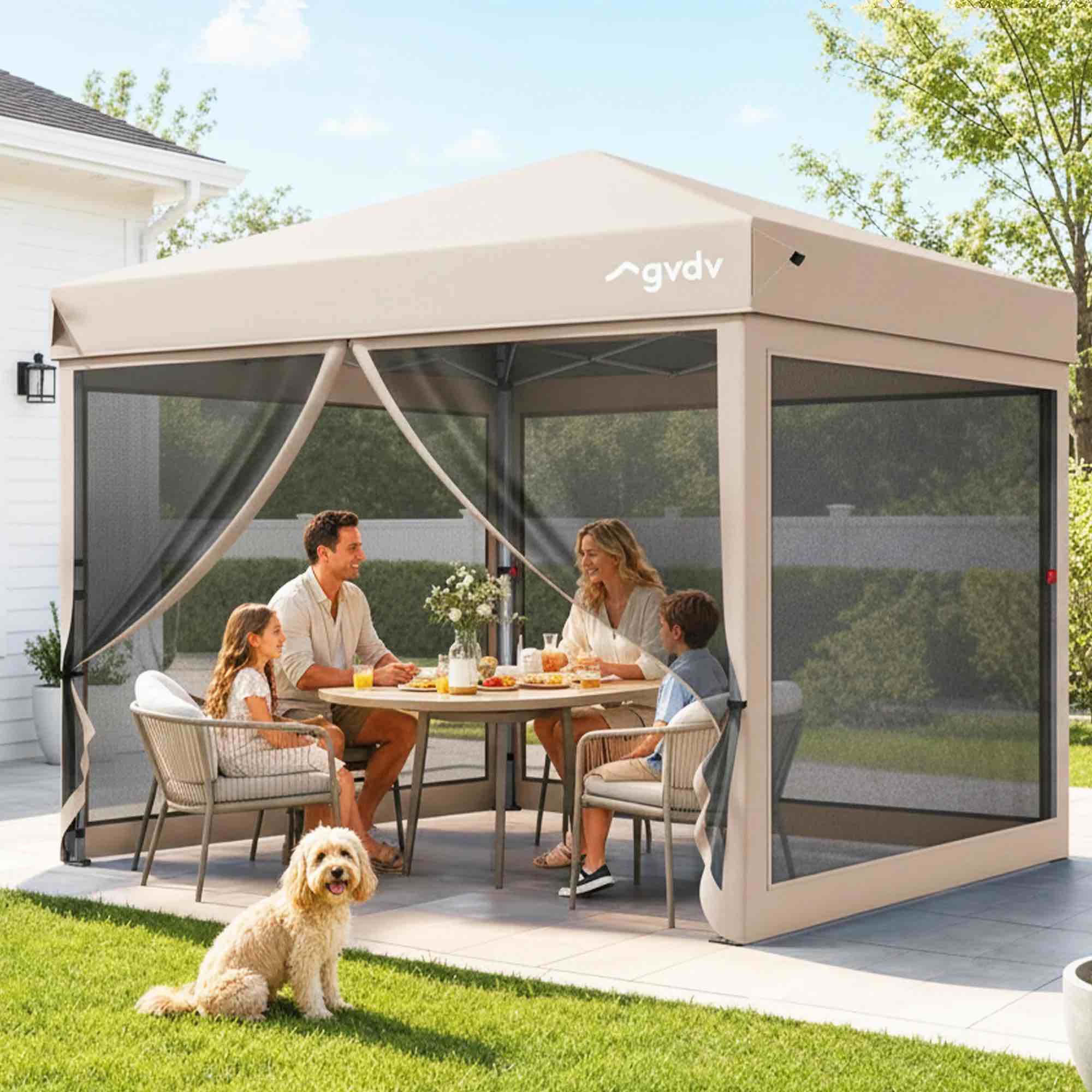 gvdv 10ft x 10ft pop-up canopy, outdoor canopy tent with adjustable height, mosquito netting, zipper doors, and carry bag