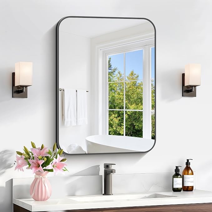 bathroom mirror, 18 x 24 inch metal framed black rectangle mirror, rounded corner rectangular vanity mirror, wall mounted mirror for modern bedroom living room hangs horizontal or vertical