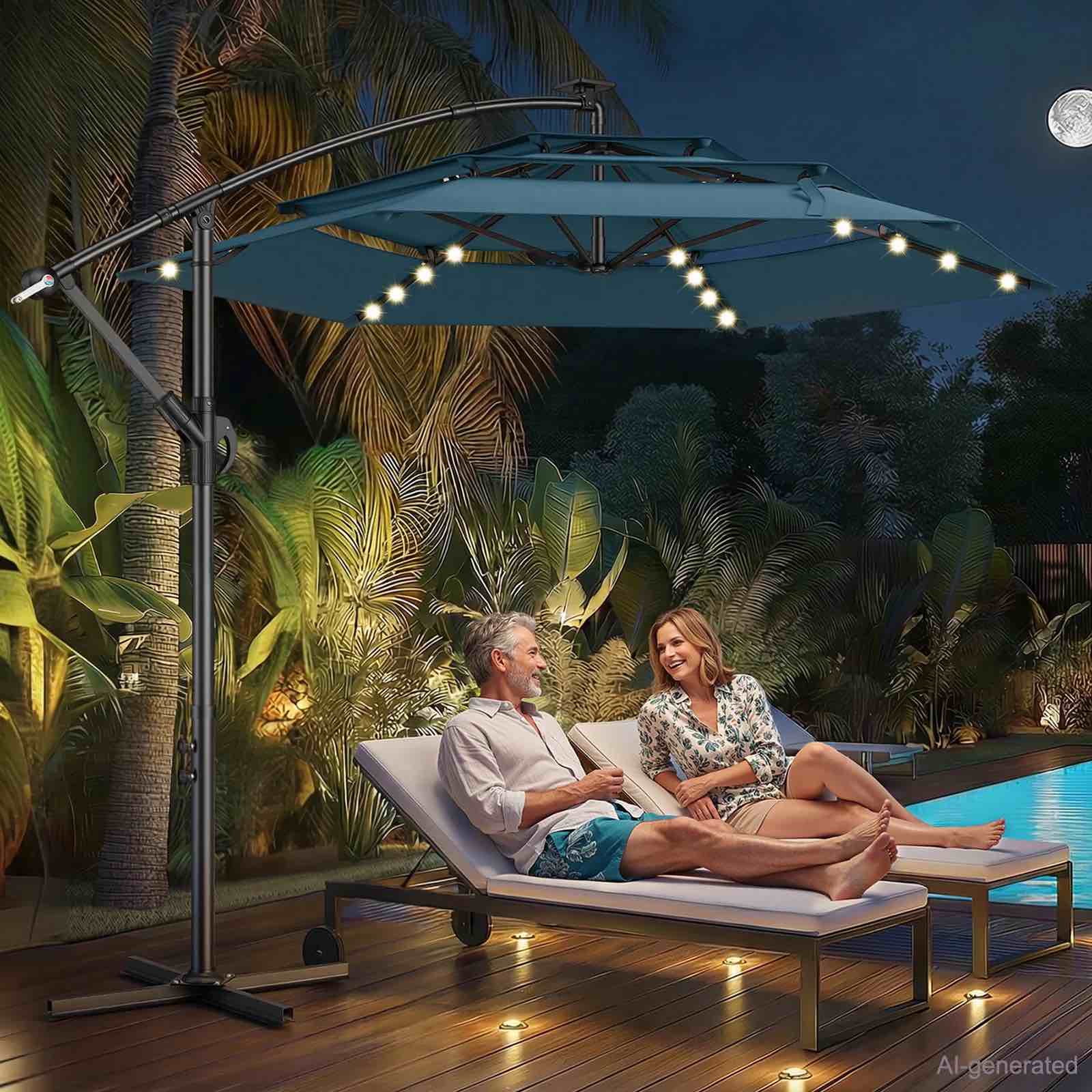 taskbay 10ft 3-tiered cantilever patio umbrella solar led lighted, hanging offset market outdoor sun shade for beach, backyard, deck, poolside, blue