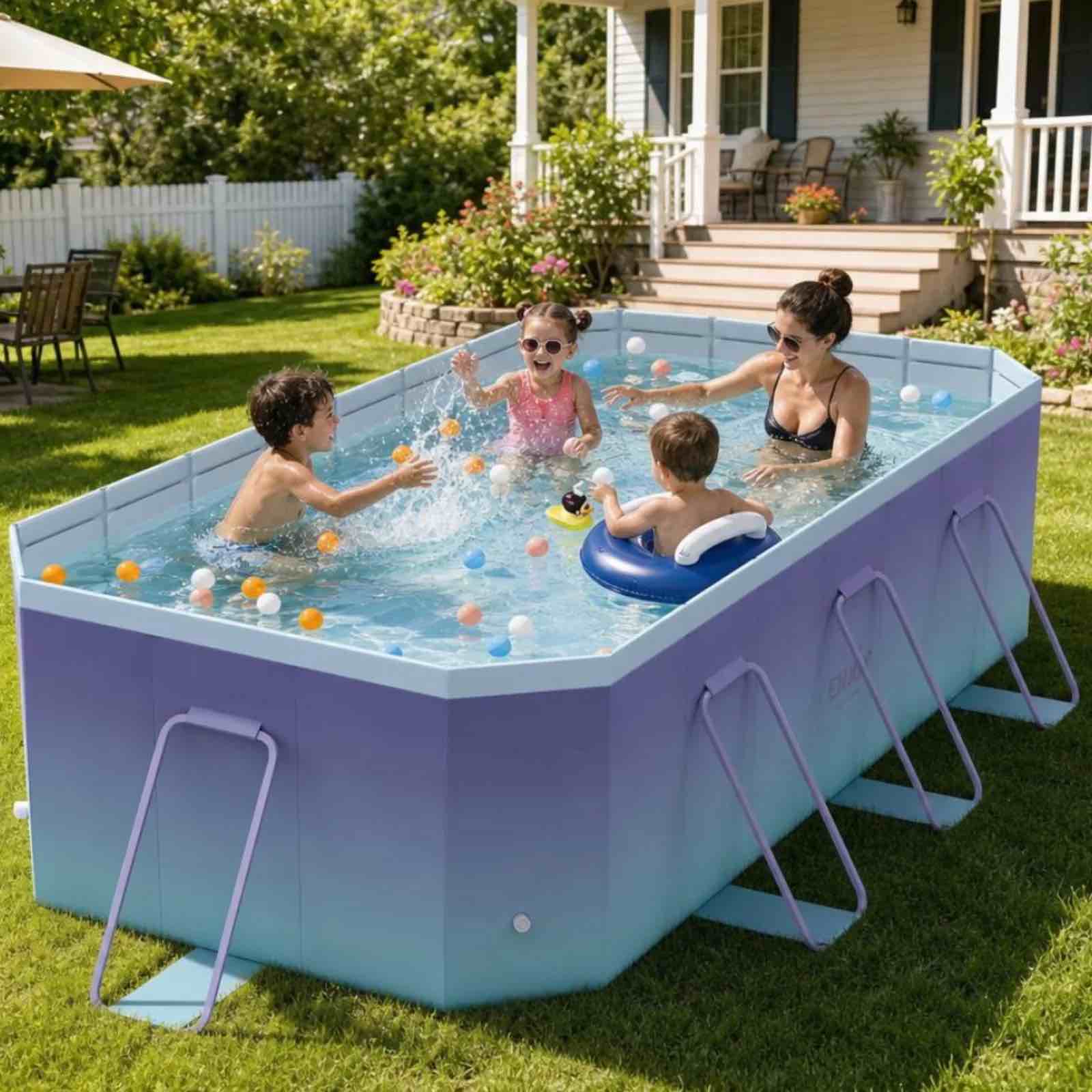 hurber foldable swimming pool, large non-inflatable adults kids outdoor pools, ice blue, 113" x 66" x 20"