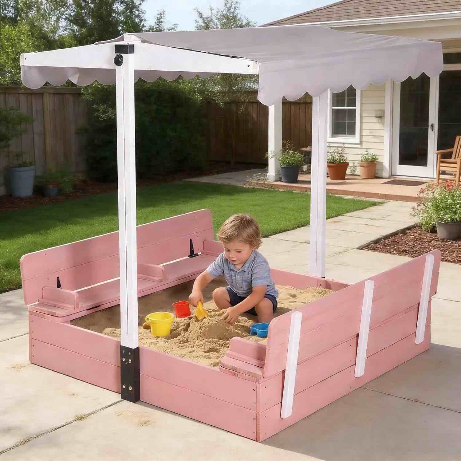 aivituvin sandbox for kids with adjustable canopy, wooden sand box with 2 foldable seats, sandbox with lid outdoor (pink)