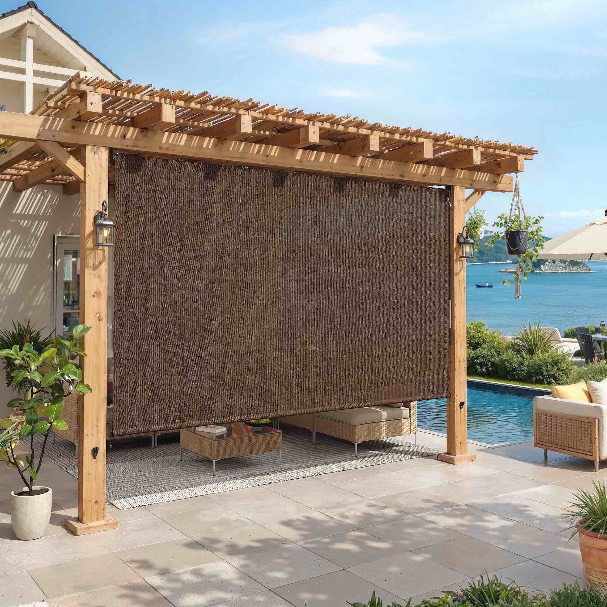 vicllax 10'wx8'h outdoor blind sun roller shade for patio porch crank operation, mocha