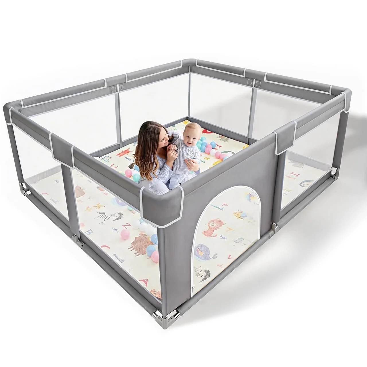 sunnycome baby playpen with folding mat, large play yard 71" x 59" x 26.5" for babies and toddlers with zipper gate anti-slip suckers for indoor&outdoor