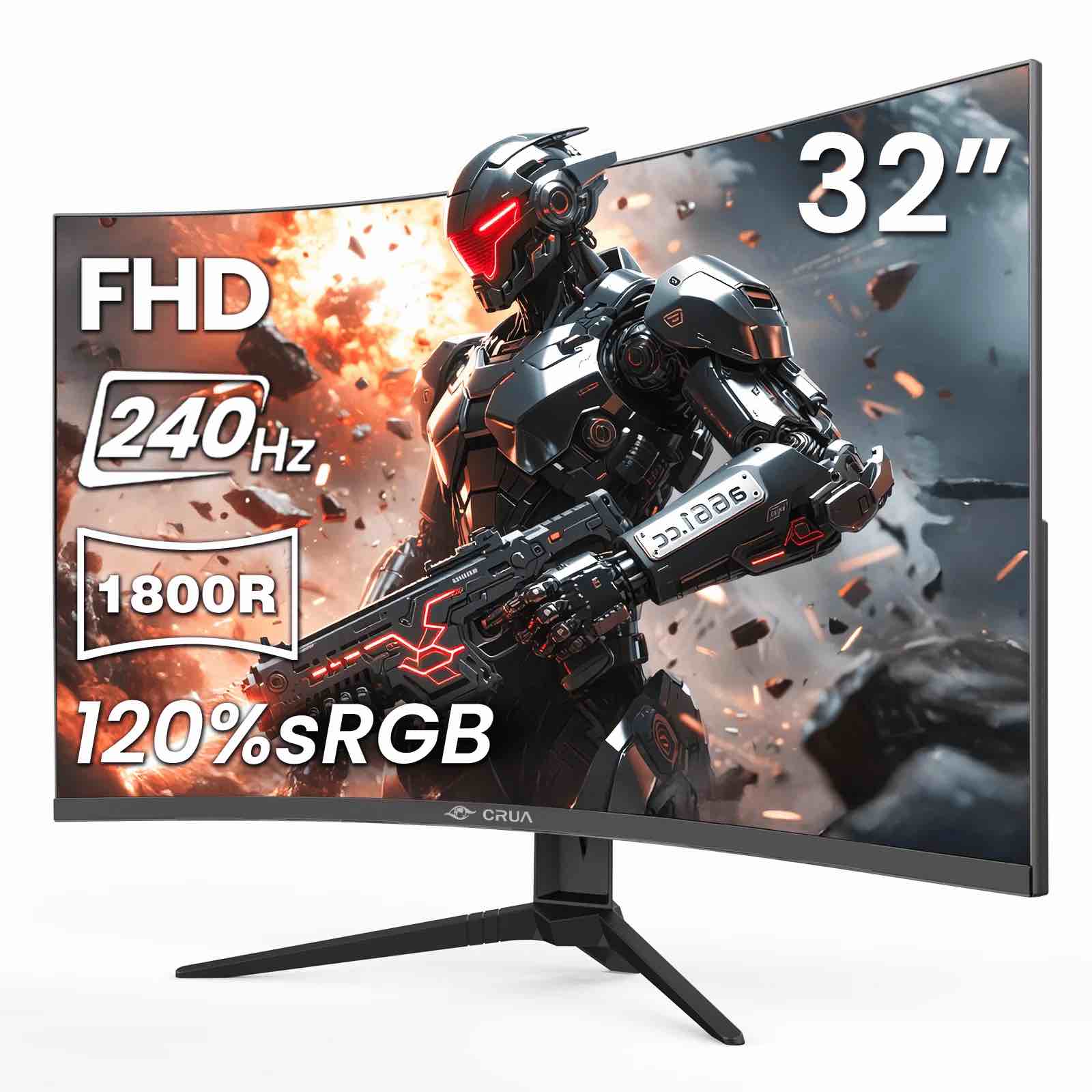 crua 32 240hz curved gaming monitor fhd 1920×1080p 1800r ultra-wide screen 120% srgb freesync low blue light hdmi 2.0 & dp 1.4 wall mountable