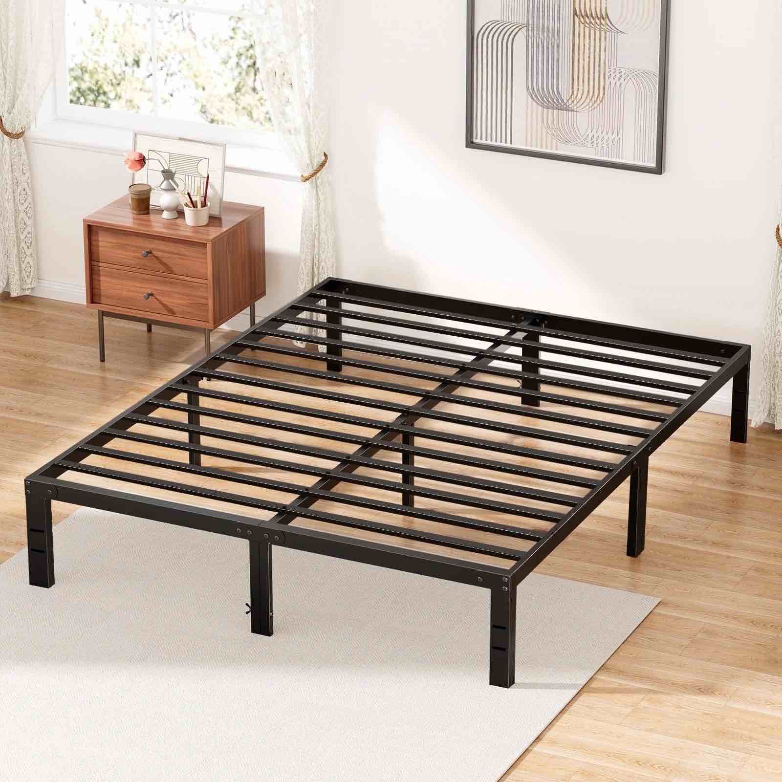 zunmos 14 inches queen bed frame, heavy duty metal platform with storage space under frame, no box spring needed queen size bed frame, black