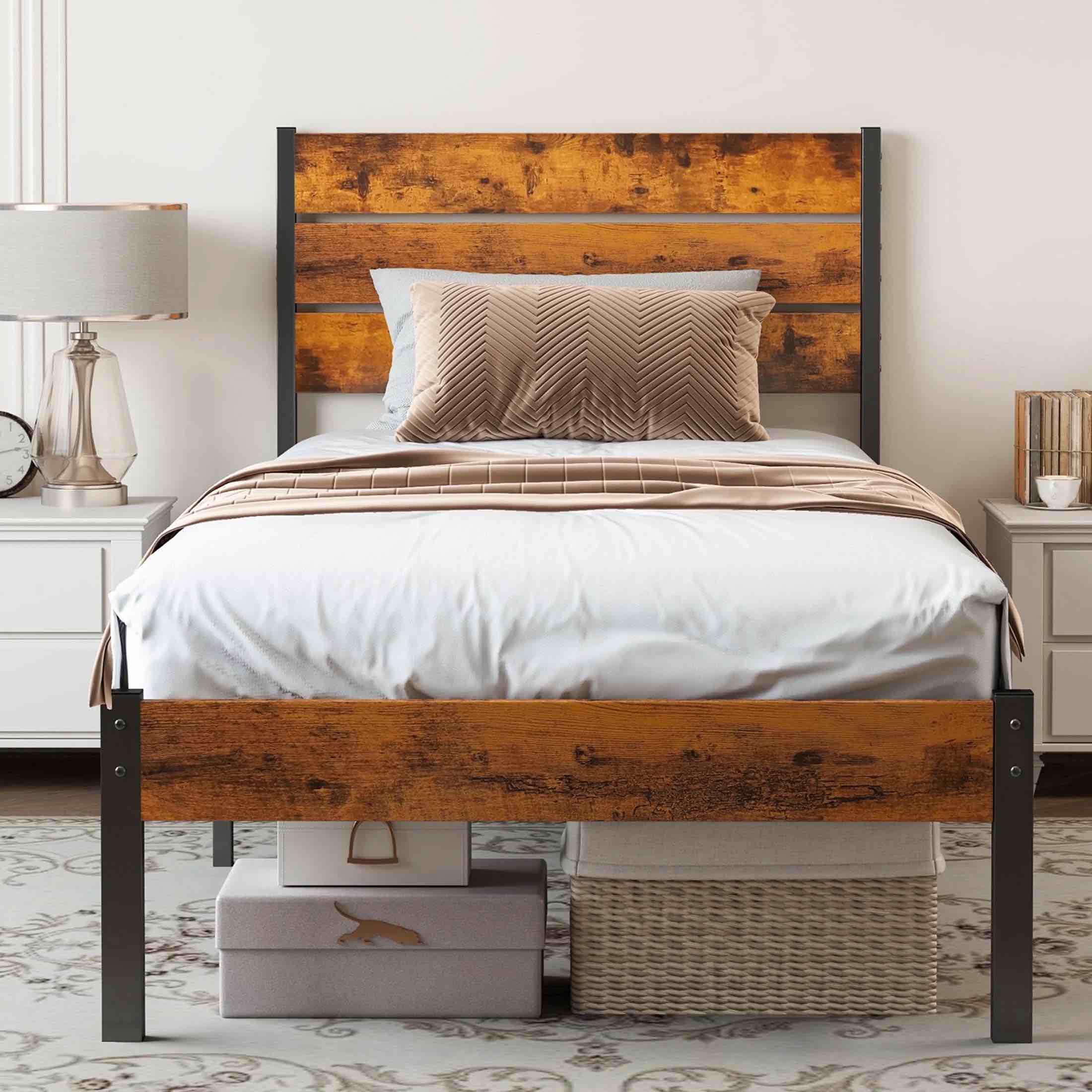edx twin size metal bed frame with industrial wooden headboard ample storage noise-free design sturdy steel slat support rustic brown