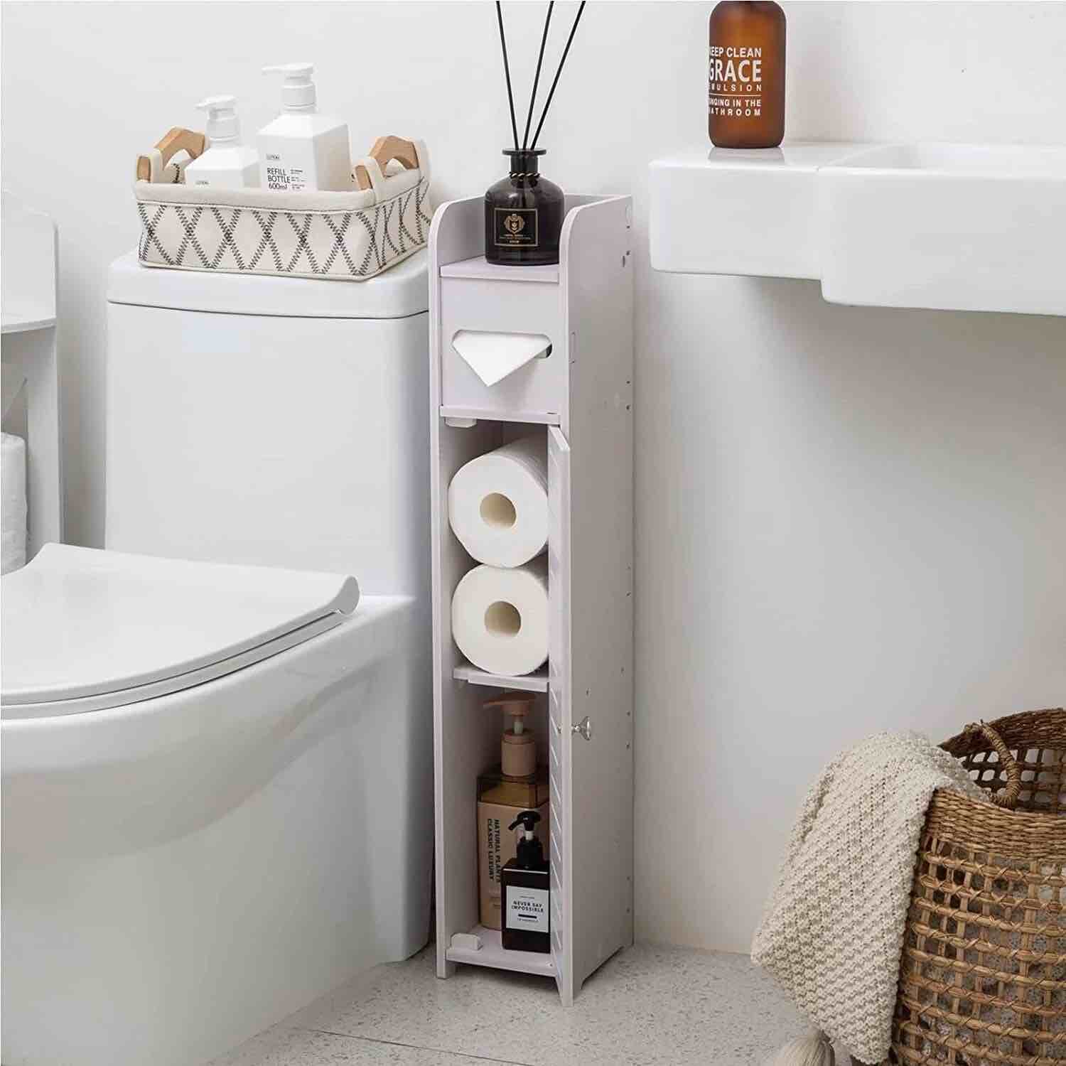 bathroom storage corner floor cabinet toilet towel paper holder w/door&shelves